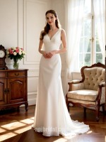 APJbridal Simple V-Neck A-Line Chiffon Wedding Dress with Sweep Train